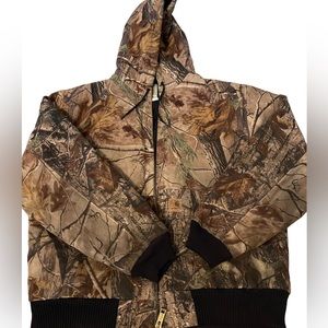 VTG Carhartt Camo Hooded Quilted Jacket J221 Cap Realtree Sz M